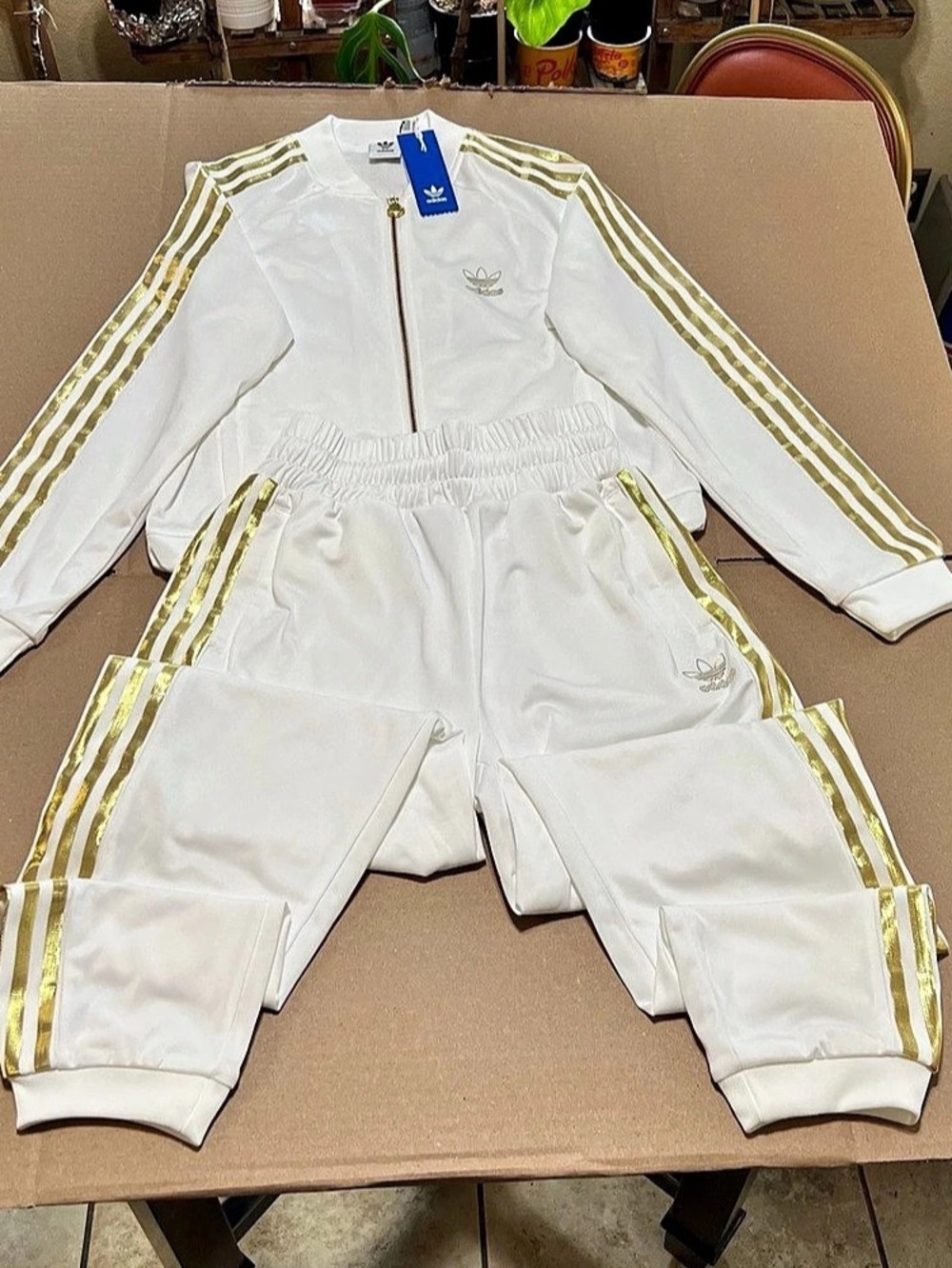 adidas SST TT 2.0 White & Gold Track Suit Size Small and Pants Bundle